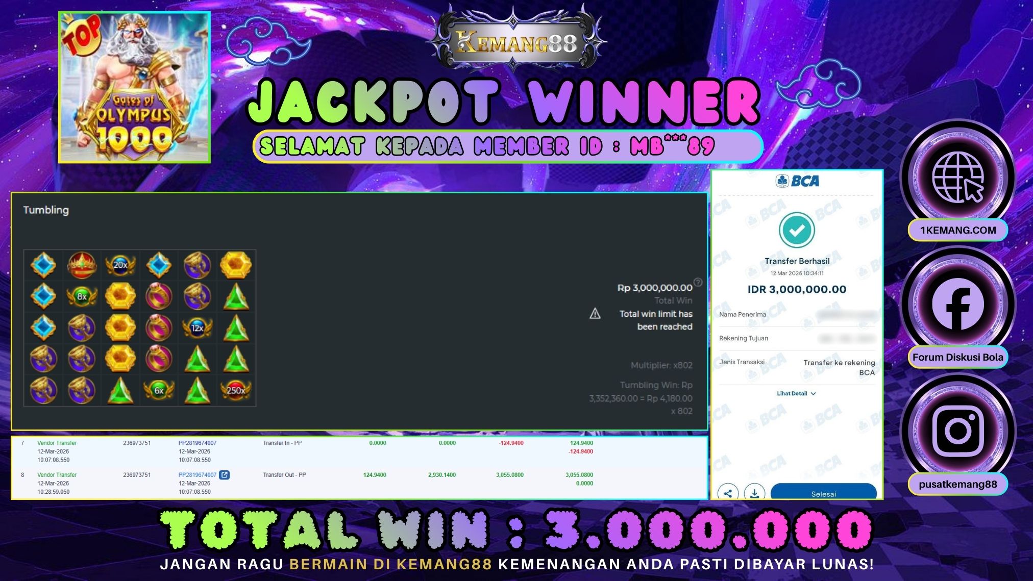 KEMANG88 [12 Maret 2026] : JACKPOT SLOT : GATES OF OLYMPUS 1000 [PP] Rp. 3.000.000.,- LUNAS